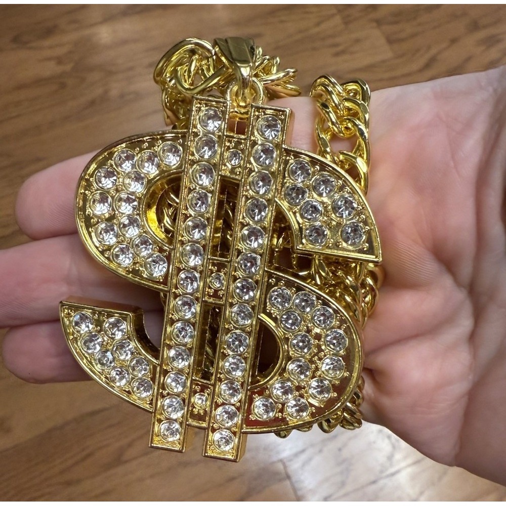 Dollar Sign $ Gold Necklace Rhinestones Bling Pimp Rapper Hip Hop‎ NEW!